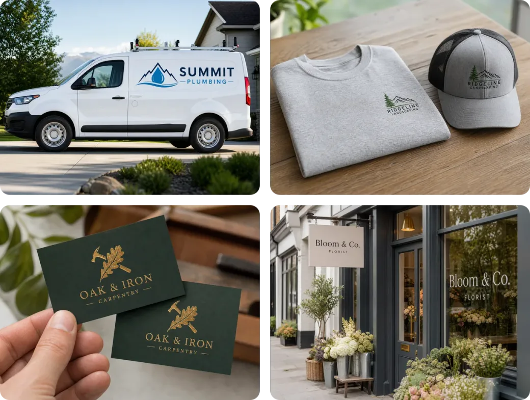 Logos on a van, a T-shirt and cap, business cards and a storefront sign